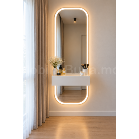 Masă de machiaj suspendată cu oglindă și iluminare LED frontală